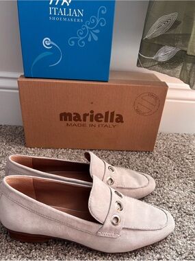 Bernardo Beige Suede Loafers with Metal Eyelet Accent